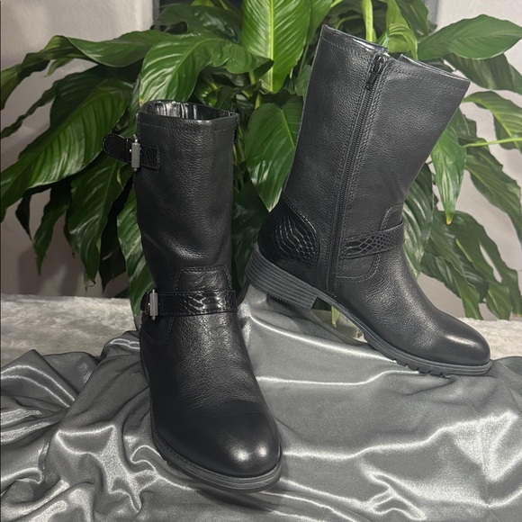 Naturalizer Black Leather Mid-Calf Side Zip Moto Boots - Women's Size 7M - Picture 3 of 15